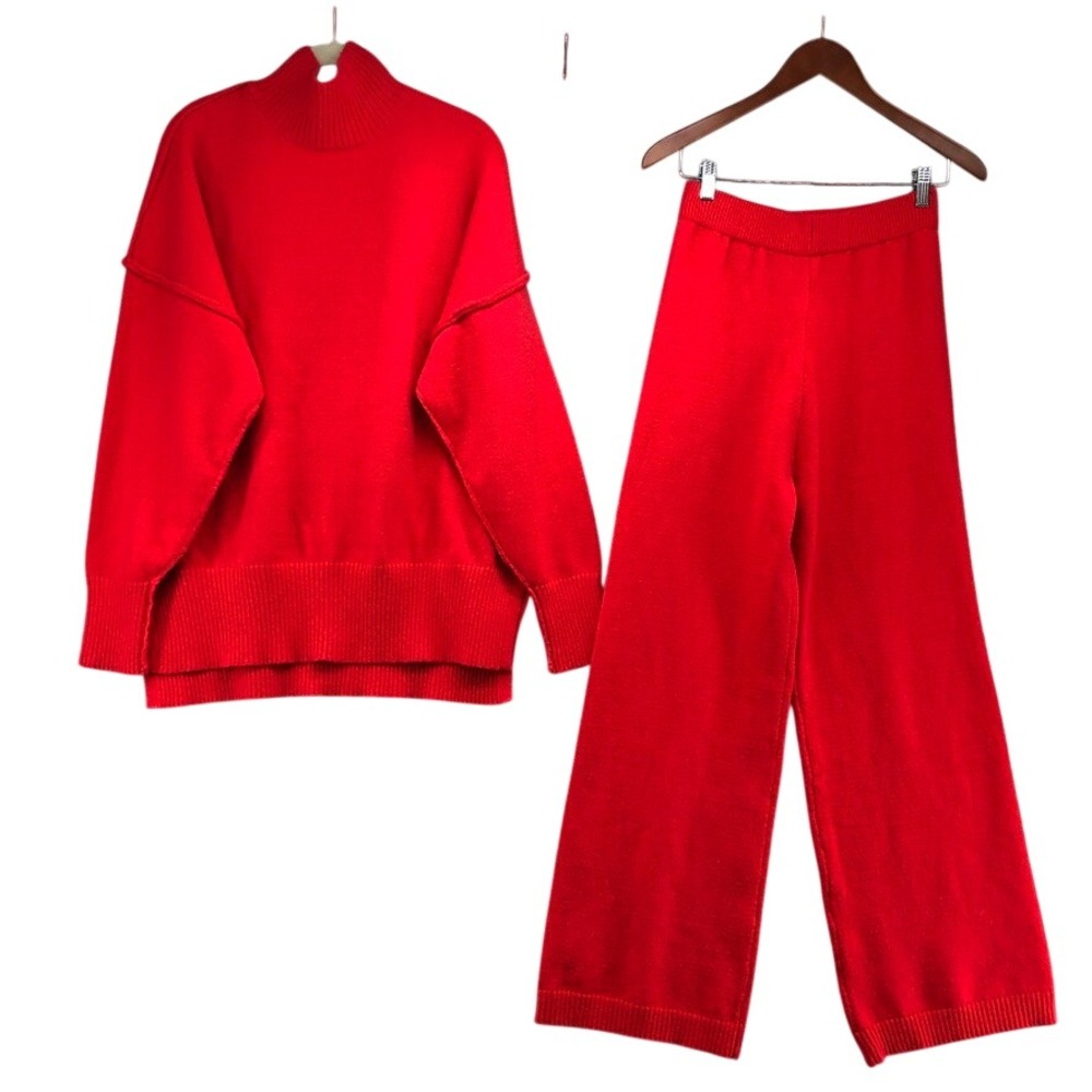 Commense Sweater Pants Set Womens Small Red Mock Neck Wide Leg Knit 2 Piece